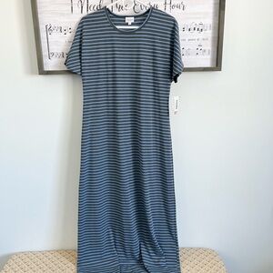 LuLaRoe Striped Tee Dress — Light Blue & Charcoal